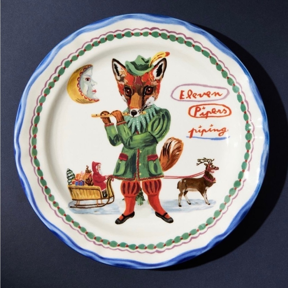 NWT Anthropologie Nathalie Lete Twelve 12 Days Christmas Plate 11 Pipers Piping